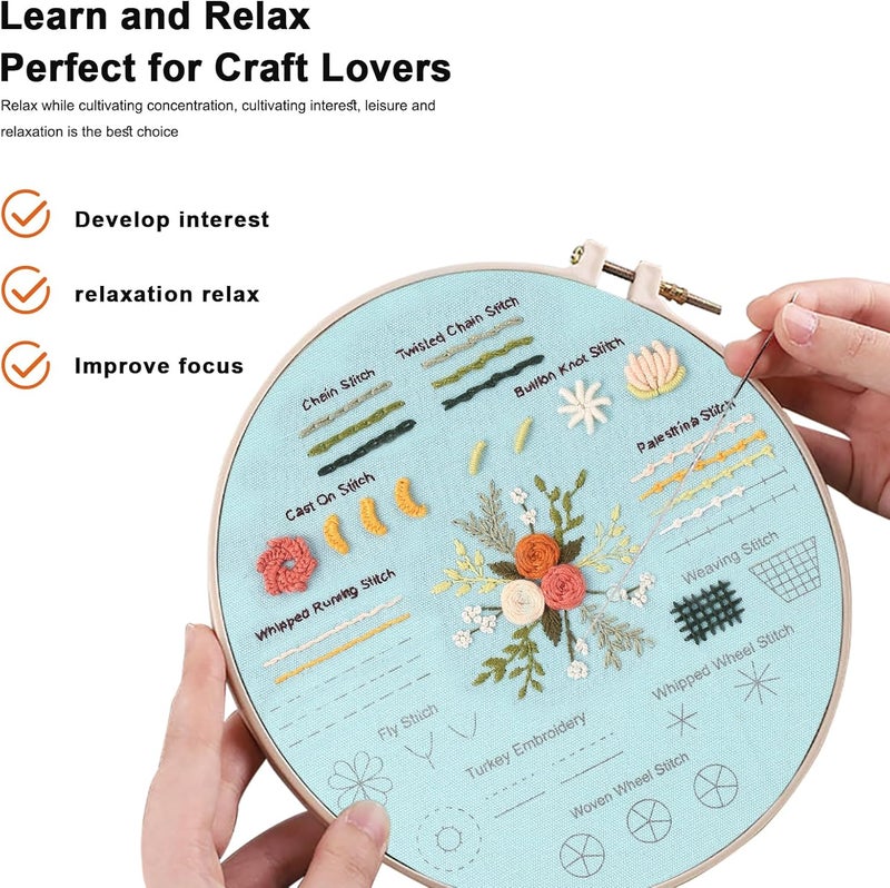 JOINRUN Beginner Embroidery Kit for Adults, 3 Pack Cross Stitch Kits with Pre-Printed Patterns, Threads, Needles, Learn Stitches with 7.8" Hoop, Video Tutorial, DIY Needlework Craft Gift for Women - Image 4